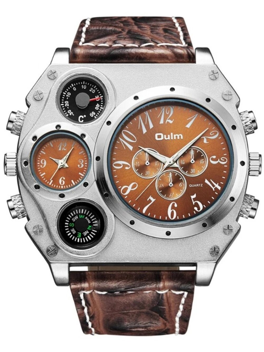 Men Army Sports Fashion Big Dial Leather Strap Quartz Wrist Watch Two Time Zone